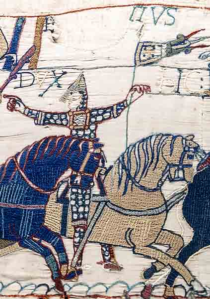 Detalhes em lã sobre linho da tapeçaria de Bayeux, século XI.