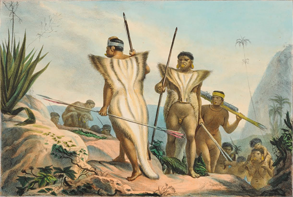 Pintura Famille de Botocoudos en marche do artista Jean-Baptiste Debret,1834. Pintura mostra uma família de pessoas nativas brasileiras caminhando por paisagem bucólica.