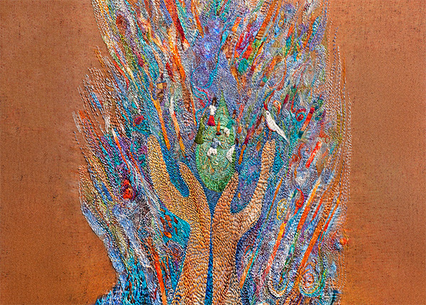 Imagem monstrado uma mão formada por fios do bordado, Essa mão segura crianças em rodas.