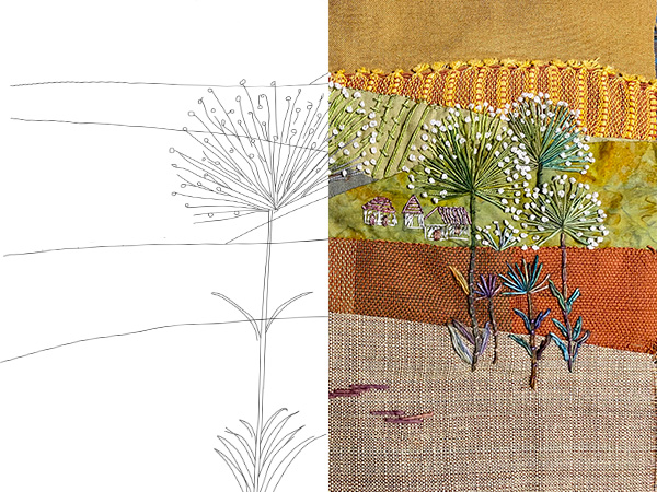 Bordado com tecidos reaproveitados mostrando uma cena bucólica.